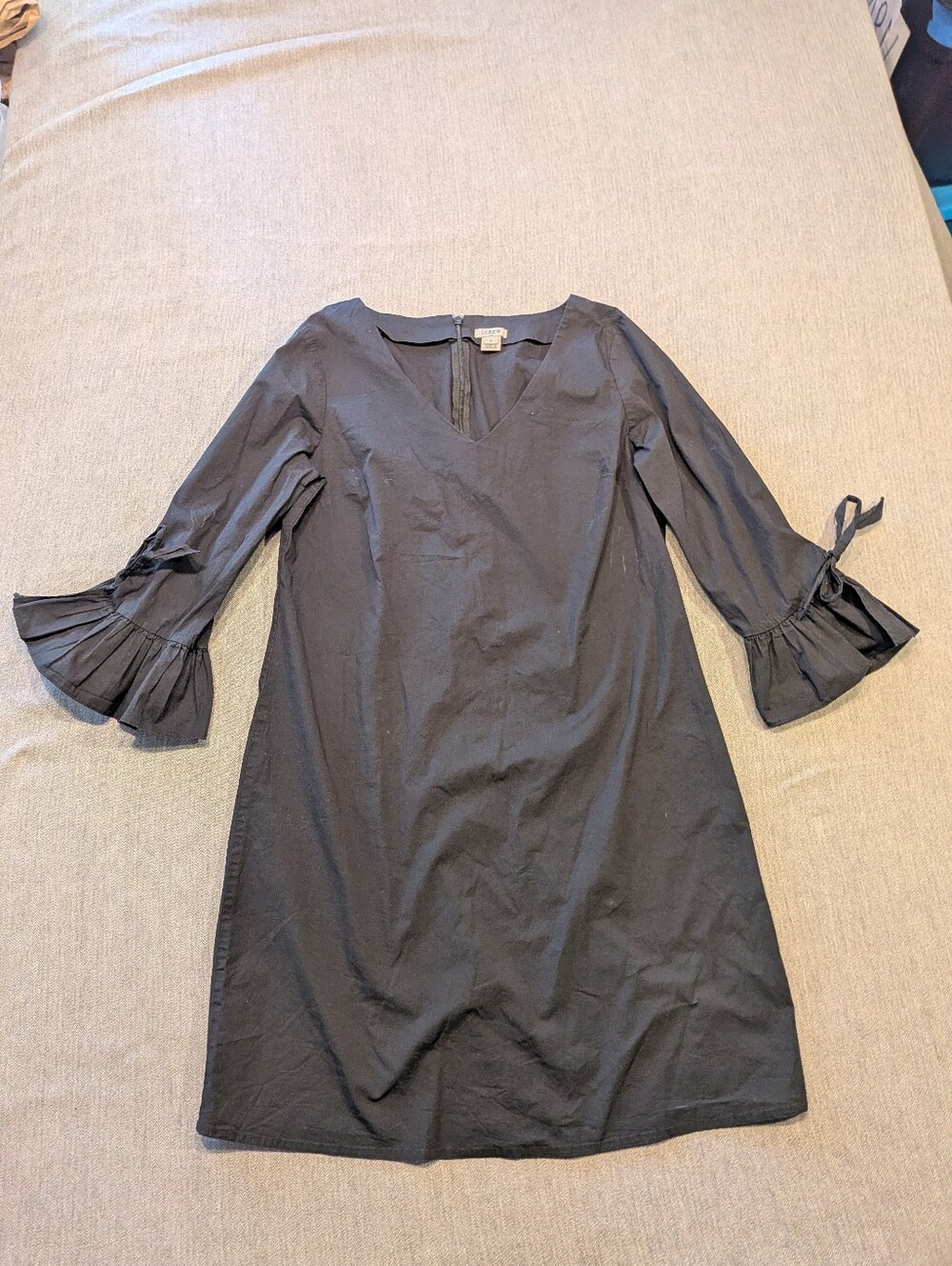J Crew Ruffle Tie-Sleeve Shift Dress Size 8 Black V Neck Cotton 3/4 Sleeves